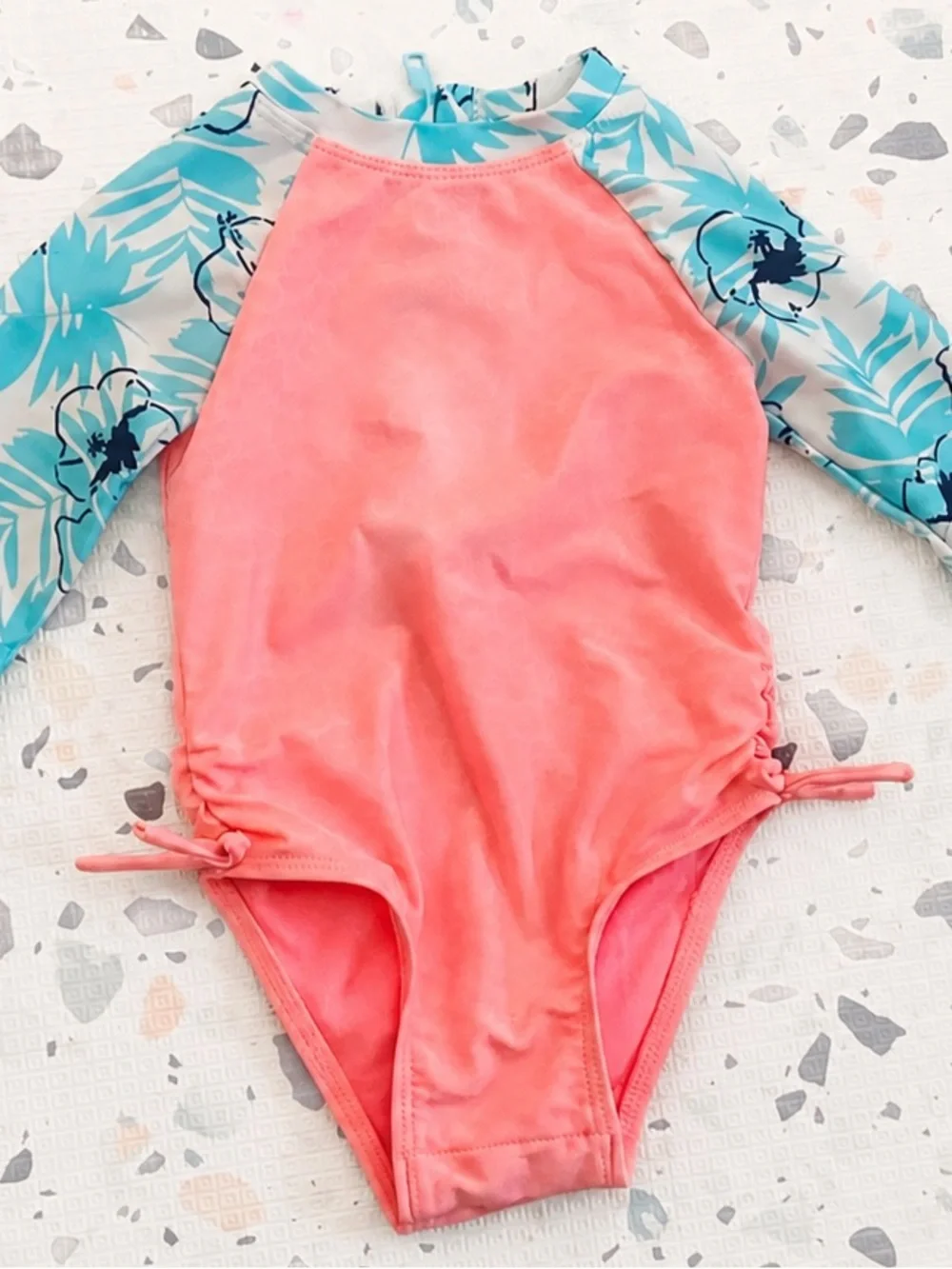 Toddler Girls' Long Sleeve One Piece Hibiscus Floral Rash Guard Swimsuit - 18M